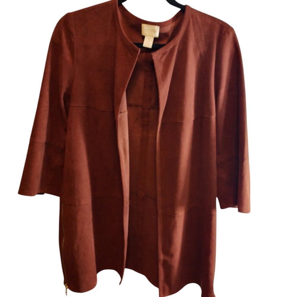 CHICO'S RUST/BURNT ORANGE OPEN CARDIGAN/JACKET, SIZE 1 (MEDIUM-8) FAUX SUEDE
